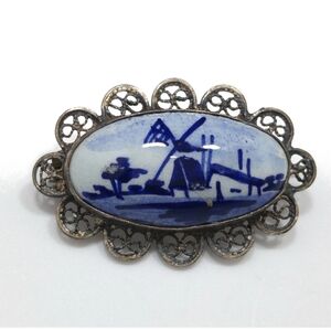 Antique 835 Silver Filigree Blue Delft Windmill Brooch